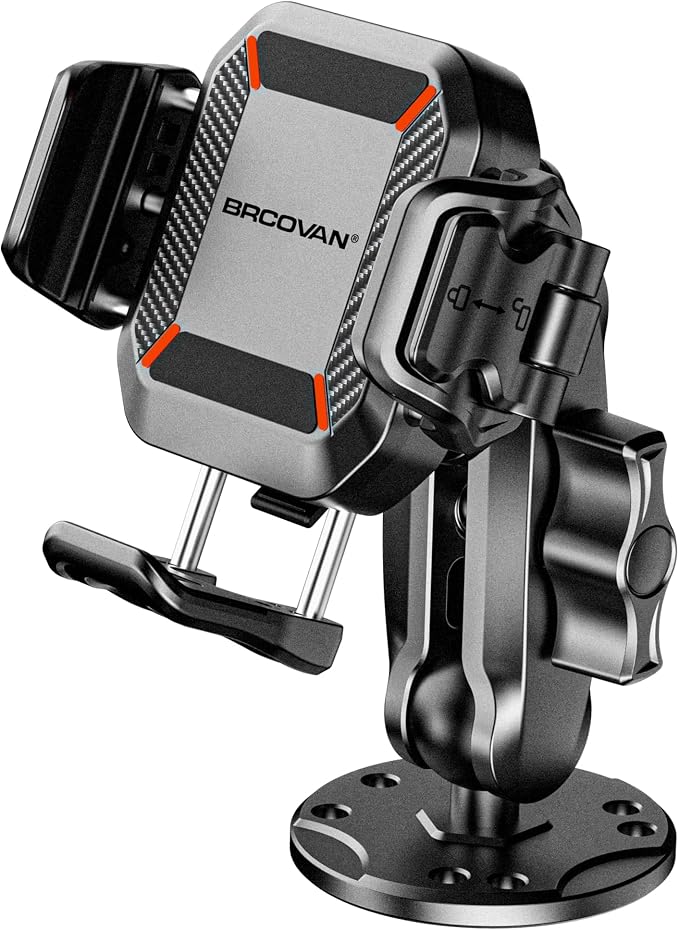 Anti-Theft Phone Mount Holder with Vibration Dampener, 1s Locking | Don't Block Camera, with Aluminum Round Base & Medium Arm, for Car Boat Truck Motorcycle UTV, Fit 5.4-7.2'' Smartphones