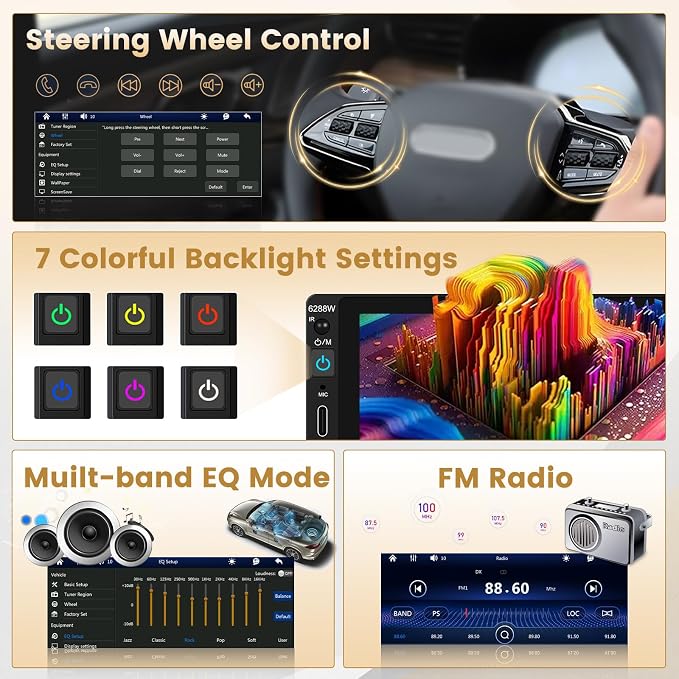 6.9 Inch Single Din Car Stereo Wireless Carplay Touchscreen Car Radio Wireless Android Auto, Bluetooth 5.0, Mirror Link, Backup Camera, EQ/FM Audio Receivcer 1DIN with USB/Type-C, SWC, Mic