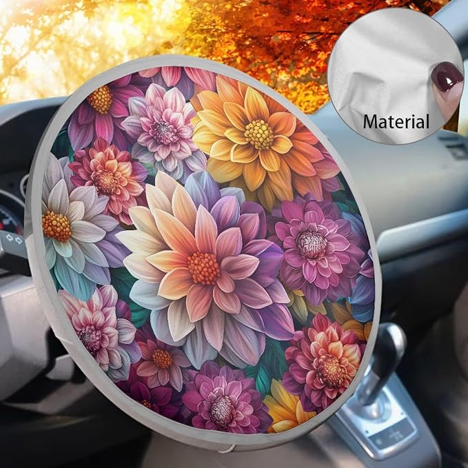 Dahlia Print Steering Wheel Cover Sun Shade 17 inch Cooling Steering Wheel Sun Cover for Heat Protection Universal Auto Accessories Heat Reflector Fit Most Cars SUV Trucks Van
