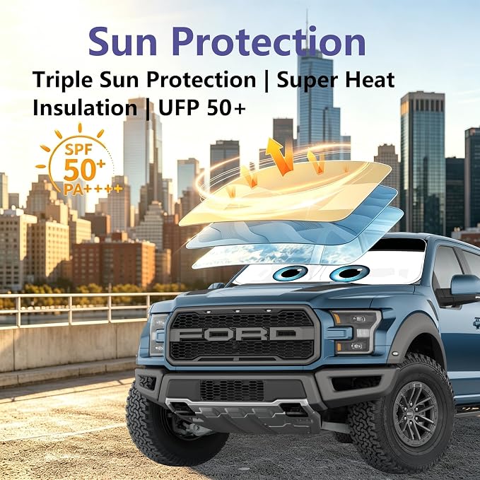 Windshield Sun Shade Compatible with Ford F150 2021-2024 2025 2026 (Lariat, King Ranch, Platinum, XL XLT Limited Raptor) Accessories Car Shades Front Windshield UV Heat Protector (F150)