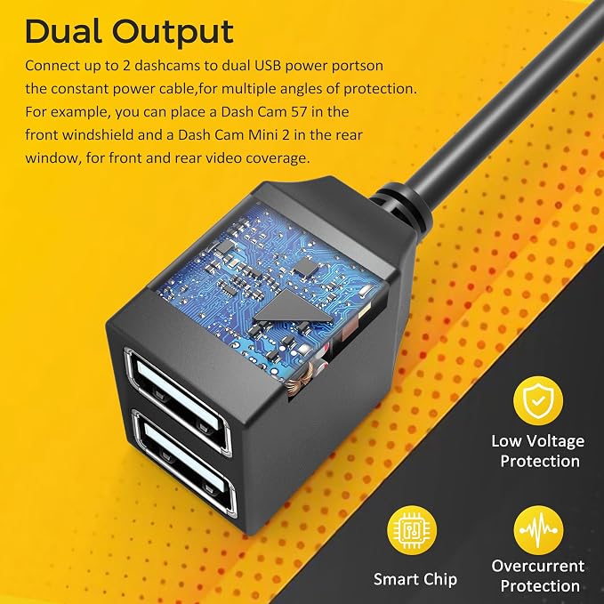 OBD Constant Power Cable,OBD II Power Adapter with Two USB Ports for Dashcam,24/7 Power Supply Mode/Low Voltage Protection,Vehicle OBD 5V 3A Port Charger Cable Compatible with Gar‘min Dash Cam