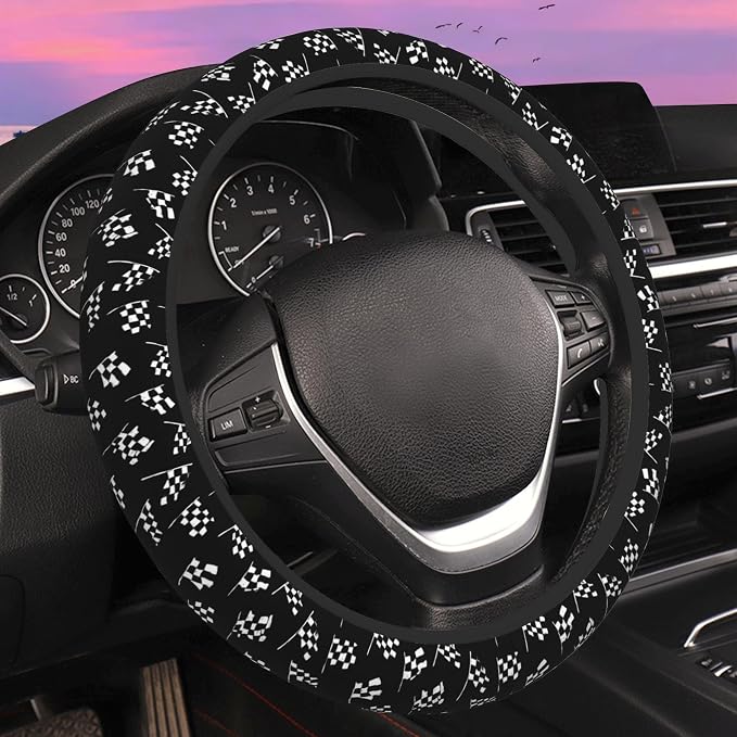 Racing Flag Steering Wheel Cover for Women Men Neoprene Breathable Black and White Checkered Flag Wheel Cover Protector Anti-Slip Car Accessories Universal 15 Inch Fit for Cars Trucks Vehicles