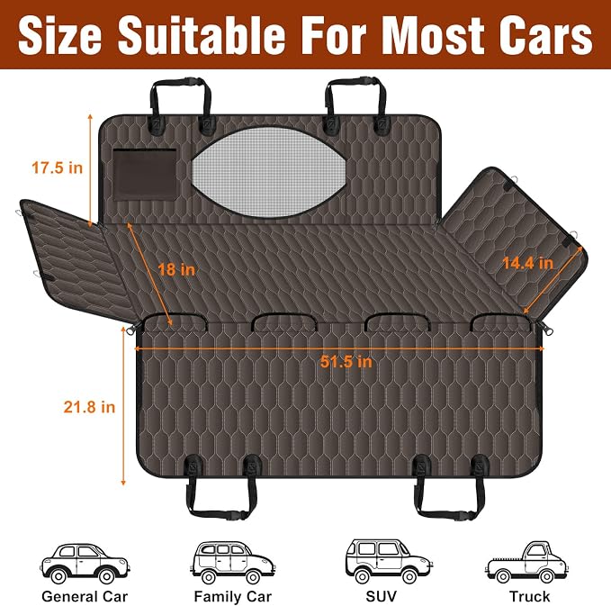Waterproof Dog Car Seat Cover for Back Seat, Pet Hammock- S, Brown/Black | Durable waterproof hammock with nonslip design & storage pockets. Protects seats from scratches, fits cars, SUVs & trucks.