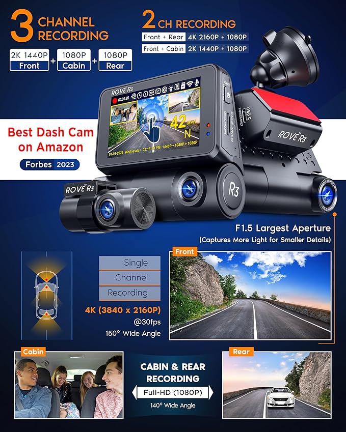 R3 Dash Cam Front and Rear with Cabin, 3” IPS Touch Screen, 3 Channel Dash Cam 1440P+1080P+1080P, IR Night Vision, 5GHz WiFi, Up to 30MB/s Download Speed, Quad-Mode GPS, Supports 512GB Max