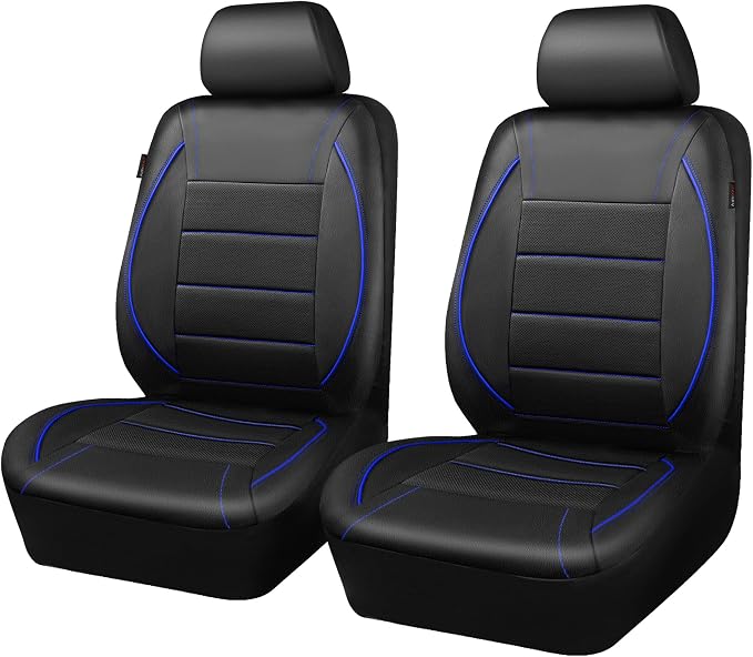 Universal FIT Piping Leather Two Front Seat Covers, Waterproof Faux Leather for SUV Sedan Van Truck, Airbag Compatible,Reserved Opening Holes for Headrest Covers. (Black and Blue)
