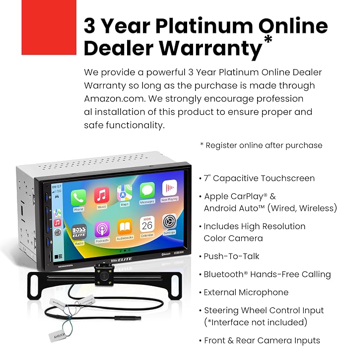 Elite BE920WCPA-C Car Stereo – Wireless Apple CarPlay & Android Auto, Double Din, 7 Inch Touchscreen, Bluetooth, No CD DVD Player, AM/FM Radio Receiver, USB, Backup Camera