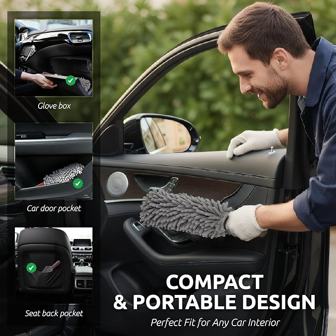 Car Duster Interior, 360° Microfiber Fingers, Lint & Scratch Free | Unbreakable Comfort Handle Duster, Includes Microfiber Towel, Lint-Free & Safe for Car & Home Interior, Gray