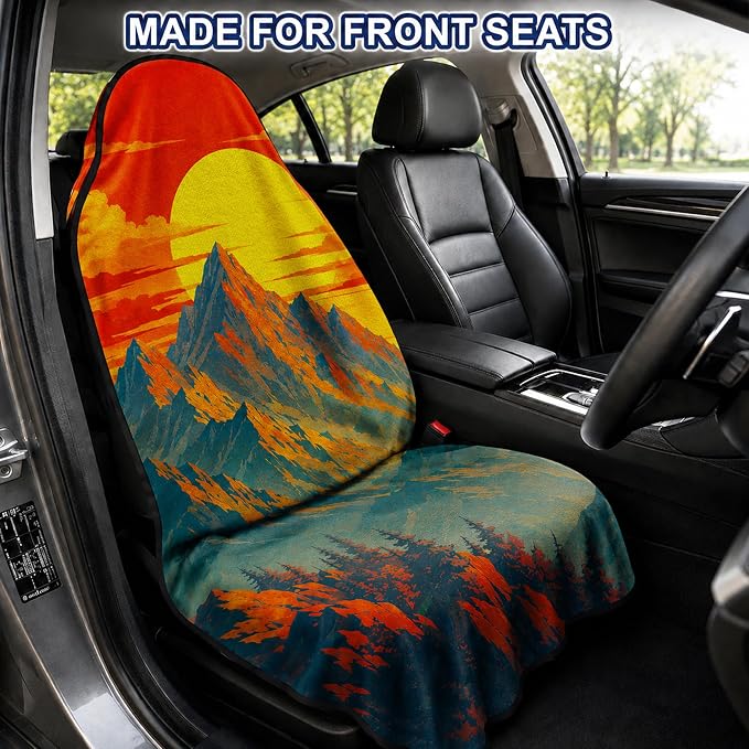 Car Seat Towel Cover for Front Seats, 1Pc Sweat Absorbent Car Seat Protector with Non-Slip Backing, Waterproof Towel Car Seat Covers for Runners, Gym, Swimming, Beach, Pets, Mountain Sunset