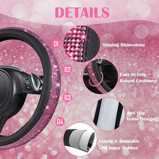 11 PCS Bling Diamond Car Accessories Set for Women, Sparkly Rhinestone Steering Wheel Cover, Bling Seat Belt Cushion, Shift Knob Cover, Push Start Button Ring, Cup Holder Coaster, Black Pink