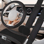 6 PCS Nappa Microfiber Leather Black Steering Wheel Cover Set, Breathable Fabric Steering Wheel Cover 14.5-15inch Universal, Car Center Console Cover, Seat Belt Cushion, Cup Holder Coaster