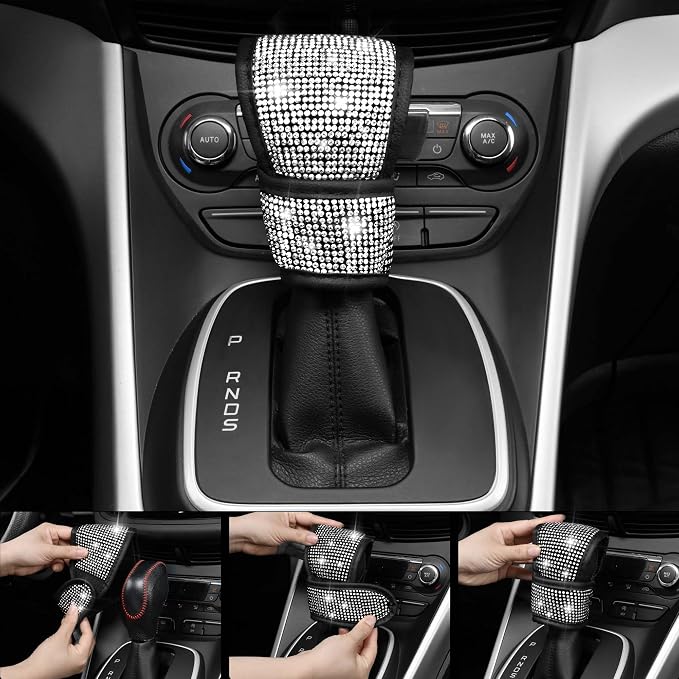 Leather Bling Seat Covers Full Sets 16 pcs, Bling Diamond Car Accessories Set for Women, Sparkly Rhinestone Steering Wheel Cover, Glitter Cute Car Interior Sets for Women Girl, Silver Diamond