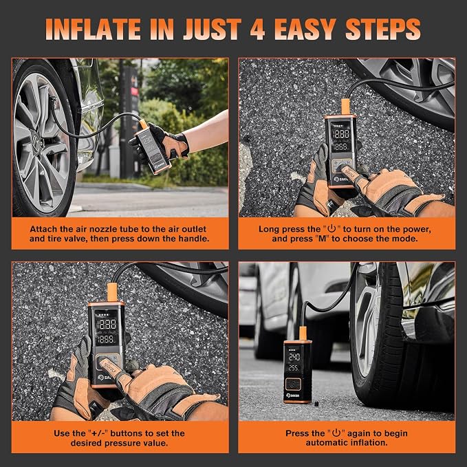 Tire Inflator Portable Air Compressor - 150PSI Car Tires Air Pump with Tire Pressure Gauge Led Light, 7500mAh Battery & 12V DC Smart Tire Inflator for Car, Motorcycle, Bike Tire, Ball