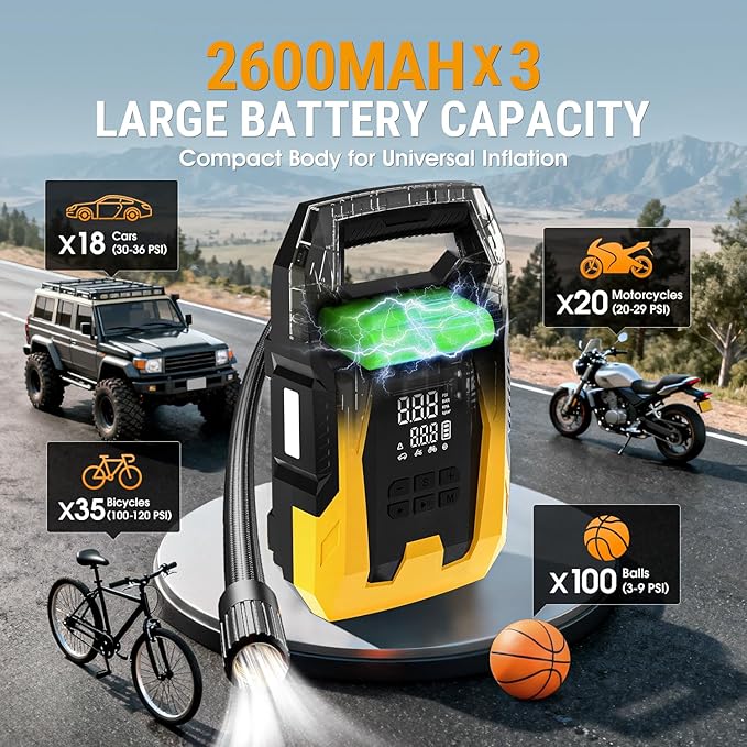 Cordless Tire Inflator Portable Air Compressor, 150 PSI Portable Air Pump for Car Tires with Digital Dual Values Display, Tire Pump for Car, Bike, Motorcycle, Ball (with 7800mAh Battery)