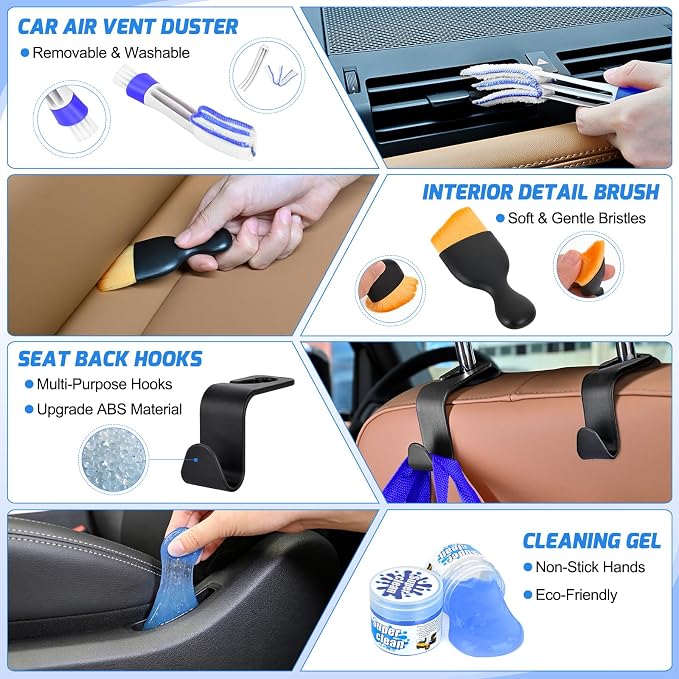 52PCS Car Detailing Kit Auto Cleaning Tools Wash Set with Storage Carry Bag Home Use for Interior Exterior Deep Clean Polish Car Care Windshield Dashboard Seat Air Vents Wheels Tires, Blue