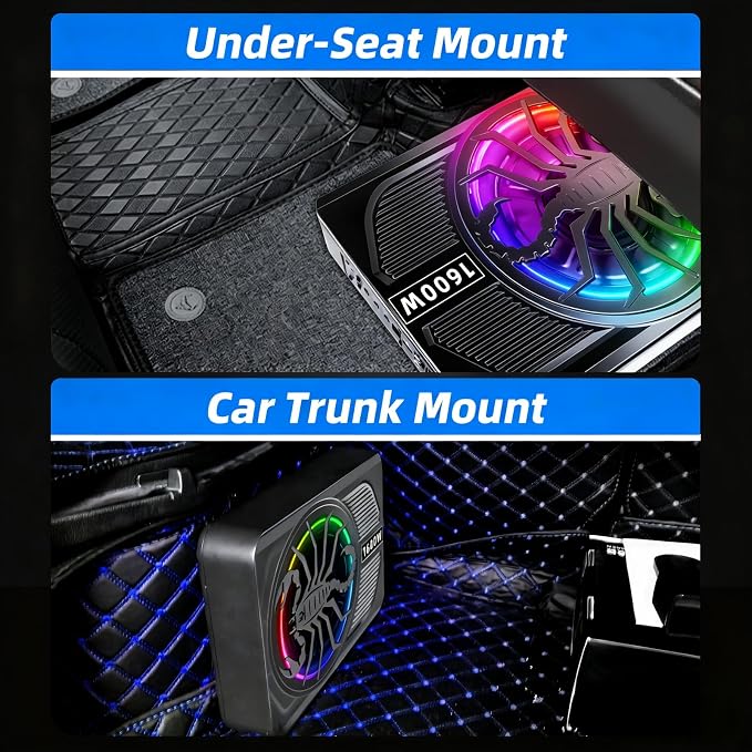 Upgrade1600W Under Seat Subwoofer | 10" Slim Car Sub with Built-in Amp, RGB LED Lights, APP Control | Independent Bass Knob, LPF, Gain, Bass Boost | High Output Deep Bass Distortion-Free Audio