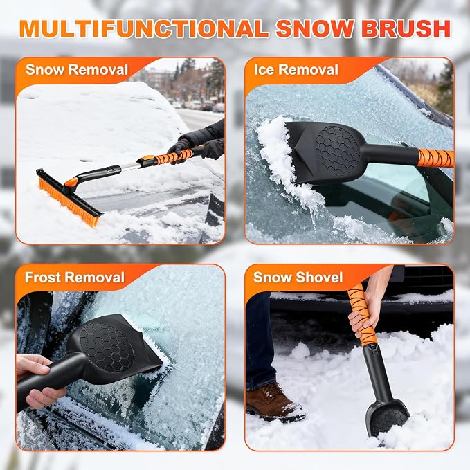 45.7" Extendable Snow Brush and Larger Ice Scrapers for Car Windshield, Scratch-Free Snow Brush with 360° Pivoting Head & Non-Slip Foam Grip, Ice Removal Tool for Car, SUV, Trucks