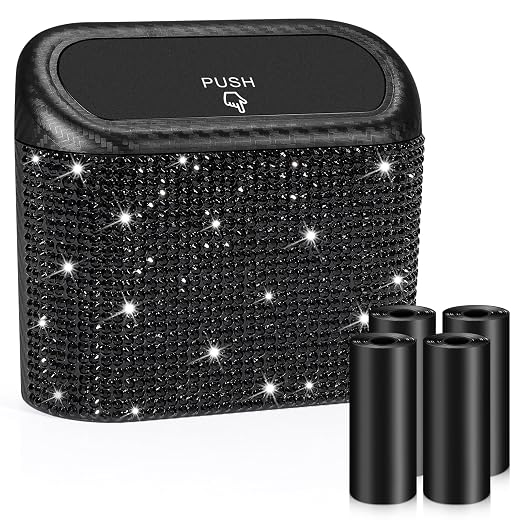Bling Car Trash Can with Lid, Mini Vehicle Trash Bin, Car Dustbin Garbage Organizer with 60 Trash Bag, Leakproof Auto Storage Bag Container for Car, Home, Office (Carbon Fiber&Black Rhinestone)
