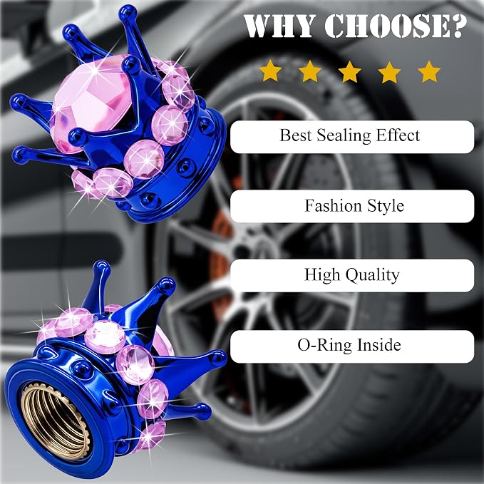 4PCS Crown Bling Tire Stem Valve Caps, Crystal Diamond Car Wheel Tire Valve Caps Universal Copper Core Stem Covers for Cars, SUV, Trucks, Bikes, Motorcycles, Bicycles (Blue & Pink)