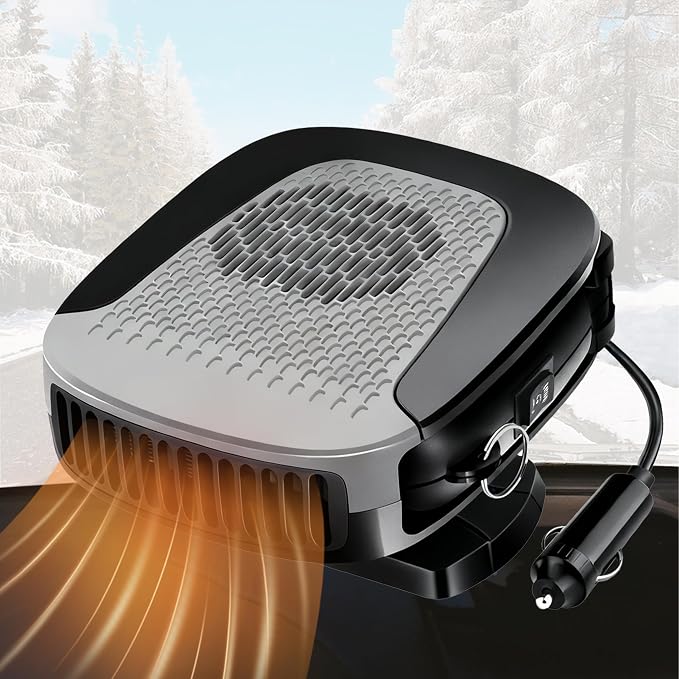 Car Heater With Handle,2IN1 Heating & Cooling, 12V 150W Portable Fast Heating Auto Windshield Defogger Defroster 360 Degree Rotary Automobile Windscreen Heater Plug into Cigarette Lighter