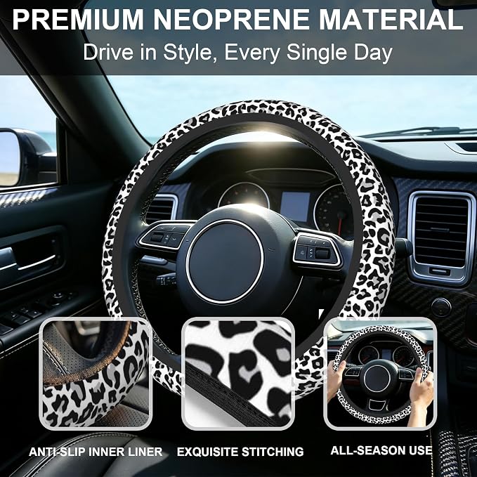 Leopard Steering Wheel Cover,Cheetah Print 2 PCS Car Coasters Leopard 14.5-15 Inch Neoprene Steering Wheel Cover,Anti-Slip Breathable Car Accessories Fits Auto Interior Decor