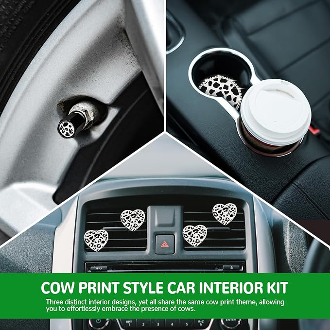 Cow Print Car Accessories Set for Women and Teen Girls – Cute Tire Valve Stem Caps, Heart Air Vent Clips, Bling Car Coasters, Cute Interior Automotive Decor Gift for Female Drivers, Cow Car Decor