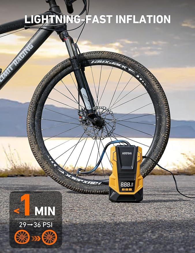 110V AC/12V DC Tire Inflator Portable Air Compressor, Dual Power Electric Air Pump with 150PSI Max Pressure & LED Light, Fast Inflation for Cars, Bikes, Motorcycles, and Inflatables, Yellow