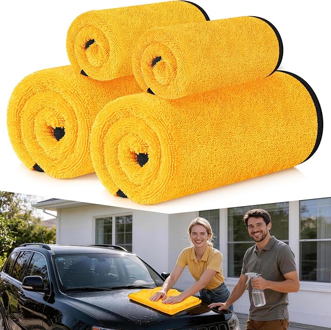 4 Pack Twisted Loop Car Drying Towel, 36x24 in Car Towels Cleaning Supplies, Reusable Shammy Quick Dry Cloth for Carwash, for Auto, Boat, Kitchen, Windows & Bathroom（Yellow）