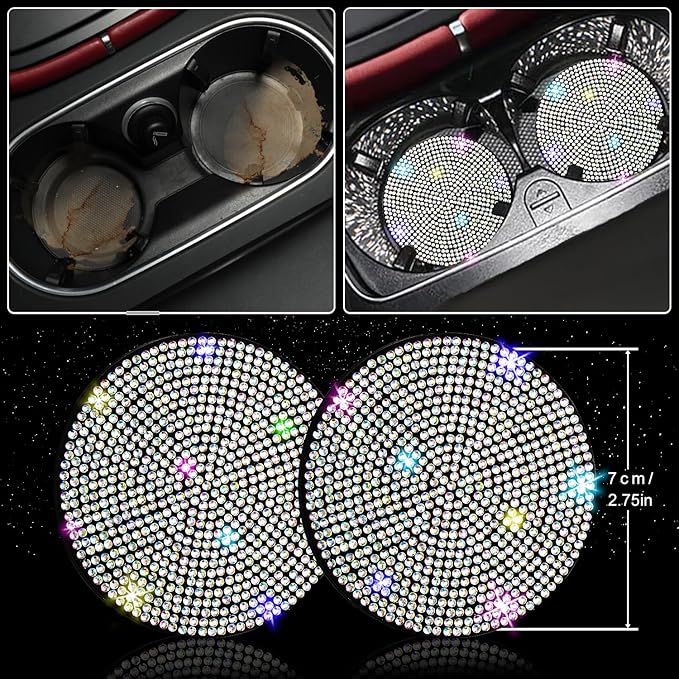 27 PCs Multicolor Bling Car Accessories Set for Women, Steering Wheel Covers Universal Fit 15 Inch, Bling License Plate Frame, Bling Phone Holder, Bling Car Coasters