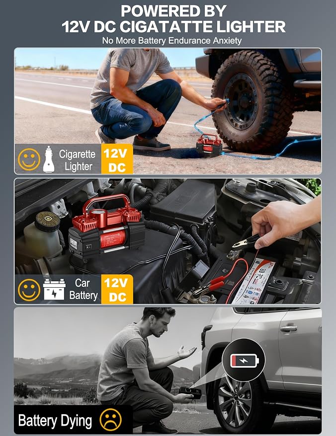 Heavy Duty Tire Inflator 12V Portable Air Compressor Pump 150PSI | 6X Faster Inflation Dual Cylinder Metal Air Pump with Led Light for Car, RV,Pickup Truck, SUV, Van,Camper, Air Bed,Balls