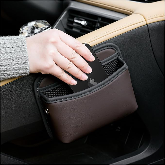 Car Seat Side Storage Pocket, Small Organizer,PU Leather Multifunctional Console Side Organizer Bag for Phone, keys, sunglass,wallet,ect (Brown)