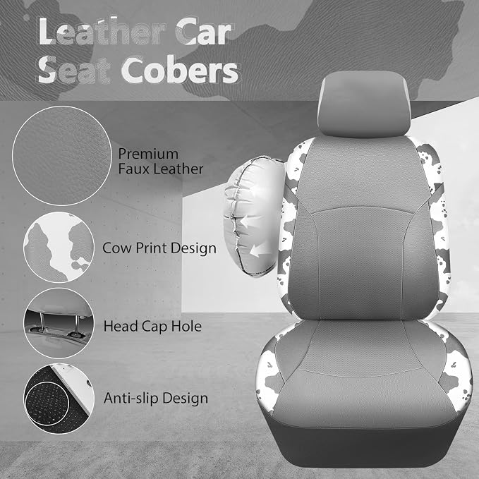 Cow Print Faux Leather Car Seat Covers & Cow Car Mats & Cow Steering Wheel Cover Seat Belt Pads Universal fit for SUV,Van,Saden,Truck Cute Car Accessories Automobile Interior Sets All Gray