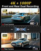 Dash Cam Front and Rear 4K+1080P, Dual Dash Cam with 64GB Card, 5GHz WiFi, App Control, G-Sensor Emergency Recording, Loop Recording, 24H Parking Mode Supports, Dash Camera for Cars