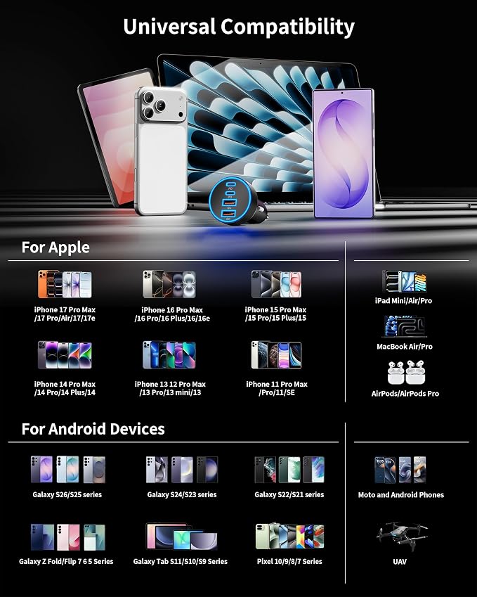 2 Pack USB C Car Charger, 90W 4-Port Cigarette Lighter USB Charger Multiport Type C Super Fast Car Phone Adapter Accessories for iPhone 17 16 15 14 13 12 Pro Max, iPad, Galaxy S26 S25 S24, Android