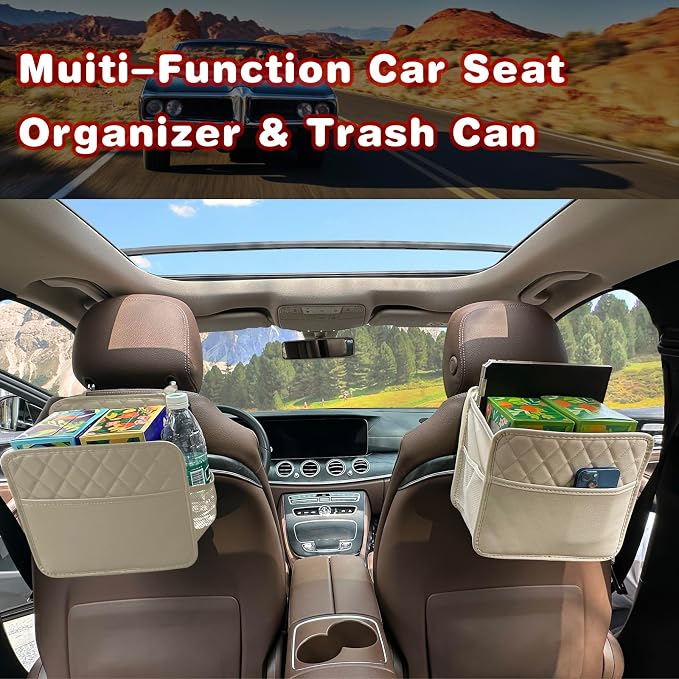2 Pack Upgraded Car Seat Organizer Backseat with Storage Pockets, Multipurpose Car Organizer Hanging Car Trash Bag Premium PU Leather Garbage Can 2.14 Gallon Large Capacity Accessories Beige