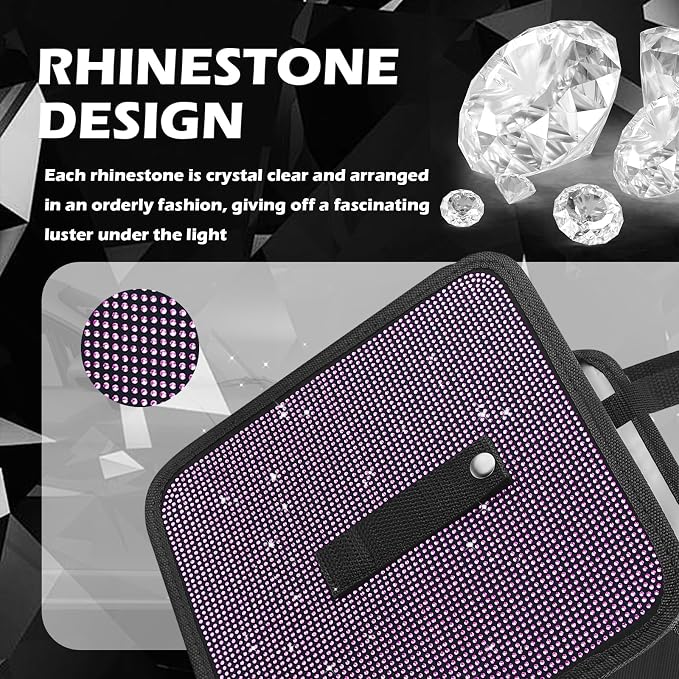 Bling Car Trash Can with Rhinestone,Foldable Car Garbage Can for in-Vehicle Waste Disposal,Multipurpose Hanging Back Seat Organizer & Decorations Fit for Most Cars Trucks (Pink)
