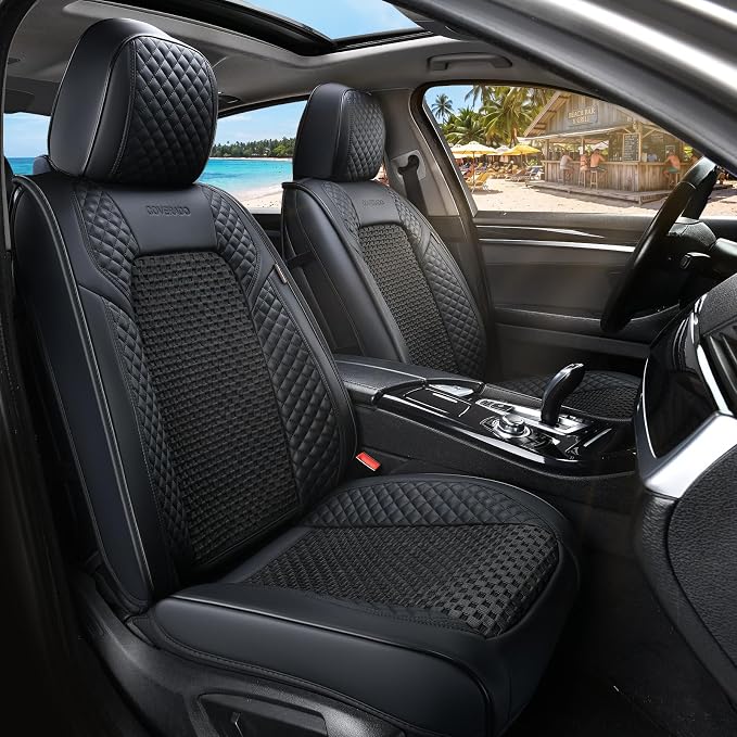 Coverado Seat Covers Full Set, 5 Seats Universal Seat Covers for Cars, Black Car Seat Covers Front Seats Back Seat Cover, Breathable Car Seat Cushion, Leather Seat Cover Seat Protector Fit Most Cars