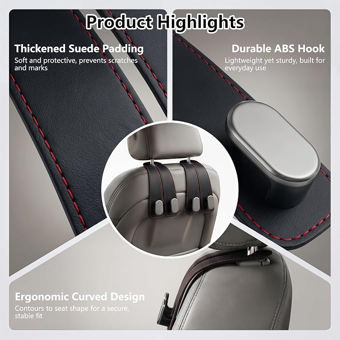 Car Seat Headrest Hooks for Purses & Shopping Bags, 2 Pack Suede Car Purse Hook, Double Hooks Secure Bags While Driving, Elegant & Durable, Simple to Install, Fits Handbags, Grocery Bags, Bottles.