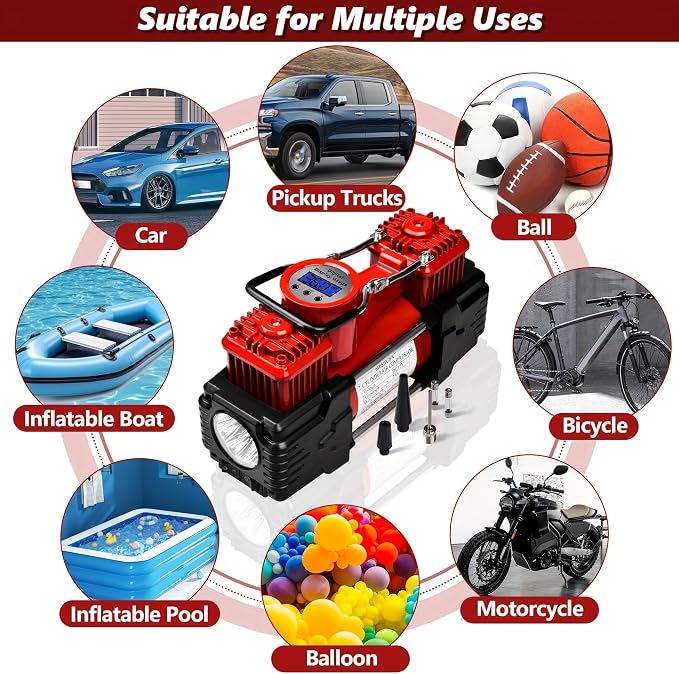 Dual Cylinder Tire Inflator Air Compressor, 150 PSI 12V DC Portable Air Pump with Digital Display, LED Flashlight, Auto Shut-Off, Heavy Duty for Truck, SUV, Car, RV (RED)