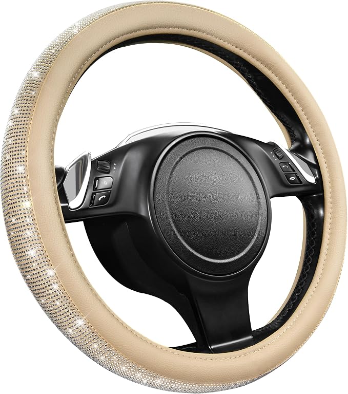 Bling Diamond Beige Leather Steering Wheel Cover, White Sparkly Crystal Glitter Rhinestones Universal Fit 14" 1/2-15" Car Wheel Protector for Women Girl Fit Suvs,Vans,Sedans,Trucks, Beige