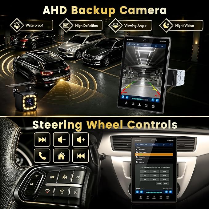 9.5'' Single Din Car Stereo with Wireless CarPlay Android Auto,HD IPS Adjustable Screen Vertical Radio with Bluetooth, USB, Mirror Link, SWC, Bluetooth, Car Play, FM/AM/RDS Radio, Backup Camera