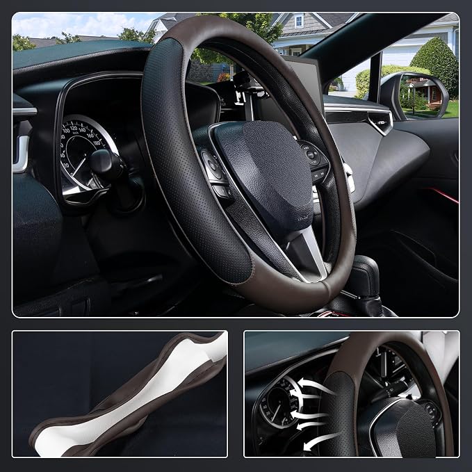 Steering Wheel Cover for 14.5-15 inch Wheels, Breathable PU Leather with Perforated Sides, Anti-Slip Grip, Universal Fit for Cars & SUVs, Black and Brown