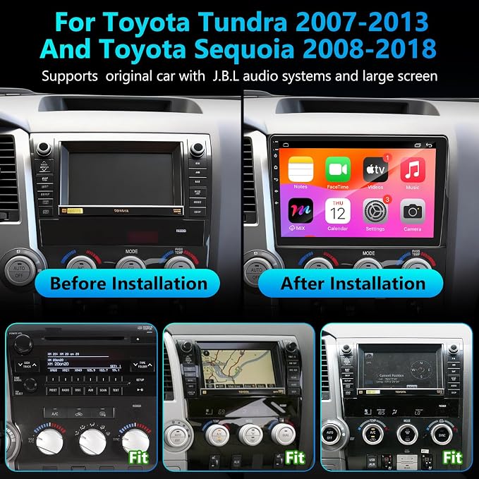 8-core 4+64G Car Stereo Radio for Toyota Tundra 2007-2013, for Toyota Sequoia 2008-2018, 10" IPS HD Touch Screen Radio with Wireless CarPlay/Android Auto/WiFi/GPS/Bluetooth/FM/SWC/Backup Camera/Mic