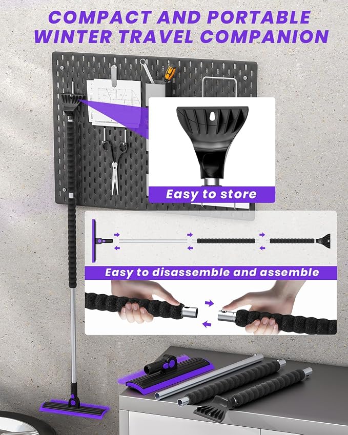 2025 Extra Long 55.7" Ice Scrapers for Car Windshield Multi-Functional Detachable Car Ice Scraper with Foam Grip and 270° Pivoting Brush Head Snow Brush for SUV Truck Auto(Purple)