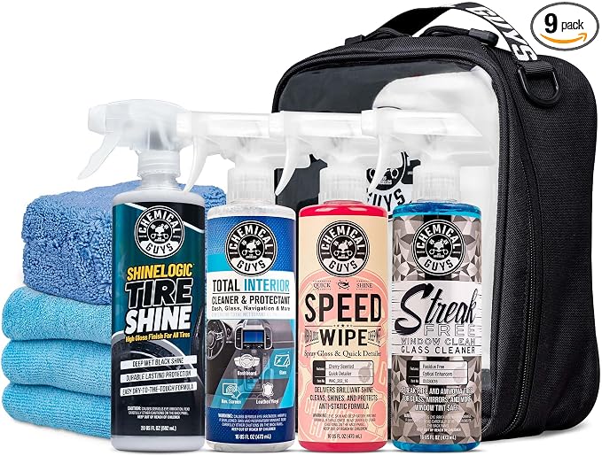 Car Detailing Kit, Interior and Exterior Cleaning, 9-Piece | Includes Tire Shine, Quick Detailer, Total Interior & Glass Cleaner, Microfiber Towels, Applicator & Storage Bag