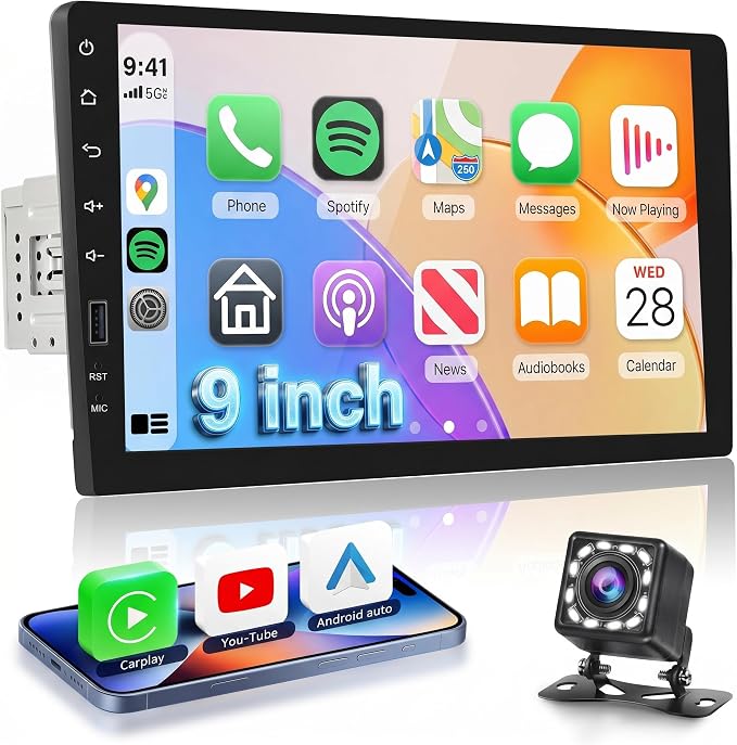 Single Din Radio 9 Inch IPS Touchscreen Car Stereo, Wireless CarPlay Android Auto, 1 Din CarPlay Radio Bluetooth, FM/AM/RDS, You-Tube Video, EQ, SWC, Backup Camera