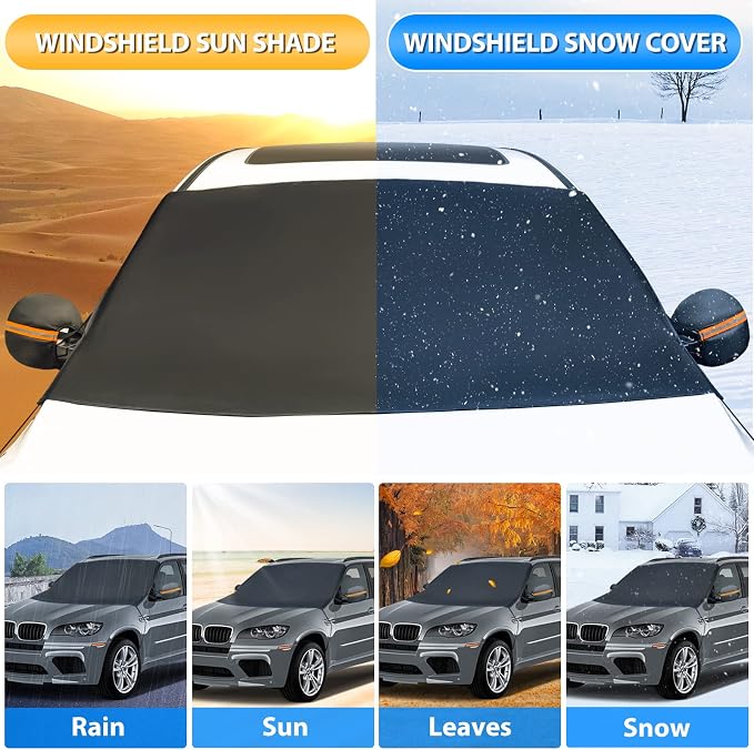 Windshield Cover for Ice and Snow, 600D Oxford Windshield Snow Cover with Side Mirror Covers Magnetic Car Cover for Snow Frost Winter Windshield Covers Fits Car Truck Van SUV (77x 47 Inches)
