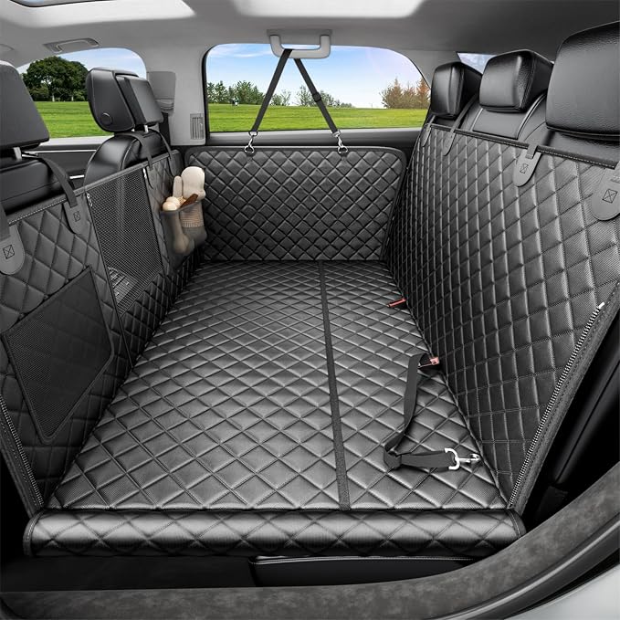 Dog Car Seat Cover for Back Seat, Hard Bottom Dog Hammock, Pet Bed Extender for 2-4 Large/Medium Dogs, Waterproof Seat Protector, Universal L Size Fits for SUV Medium Truck, Black