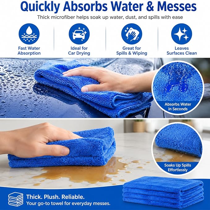 30 Pcs 12.5 × 12.5 Inch Microfiber Towels for Cars, 500 Gsm Edgeless Plush Car Detailing Towel, Lint Free Scratch Free Cleaning Cloths for Drying, Washing, Polishing, Waxing, Home (Dark Blue)