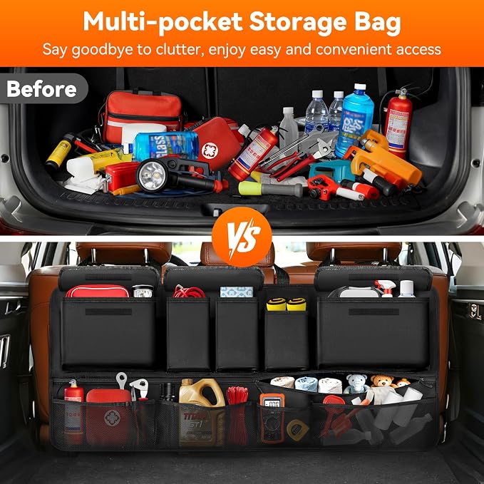 Trunk Organizer for SUV, 35.5" x 18.2" Large Capacity Car Organizers and Storage, Backseat Hanging Storage Bag with 10 Pockets, Adjustable & Waterproof Car Interior Accessories for SUV Truck MPV