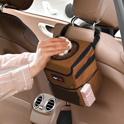 Waterproof Car Trash Can with Lid and Pockets, 2.5 Gal, Brown | Leakproof, Collapsible Multipurpose Car Bin with 3 Side Storage Pockets, Adjustable Straps